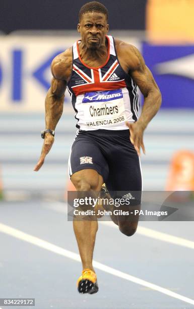 Great Britain's Dwain Chambers blasts away to win his semi final of the mens 60M Event during the IAAF World Indoor Championships at the Palau...