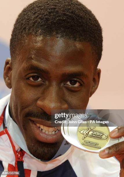 Dwain Chambers with the Silver Medal he won in the 60 metres during the IAAF World Indoor Championships at the Palau Velodromo Luis Puig in Valencia,...