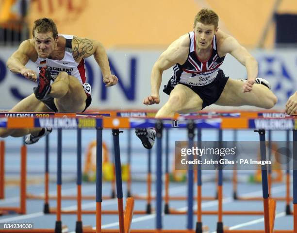 Great Britain's Allan Scott competes in the 60m Hurdles Final during the IAAF World Indoor Championships at the Palau Velodromo Luis Puig in...