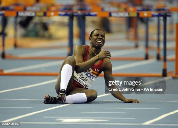 Heartbreak for Spanish athlete Josephine Onyia after she fell in the final of the 60m Hurdles during the IAAF World Indoor Championships at the Palau...