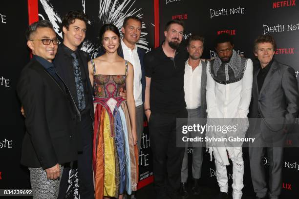 Paul Nakauchi, Nat Wolff, Margaret Qualley, Scott Stuber, Adam Wingard, Shea Whigham, Lakeith Stanfield and Willem Dafoe attend "Death Note" New York...