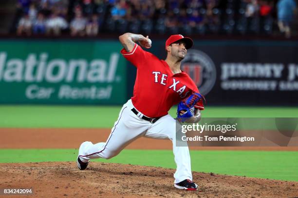 Matt Bush of the Texas Rangers pitches against the Chicago White Sox in the top of the seventh inning at Globe Life Park in Arlington on August 17,...