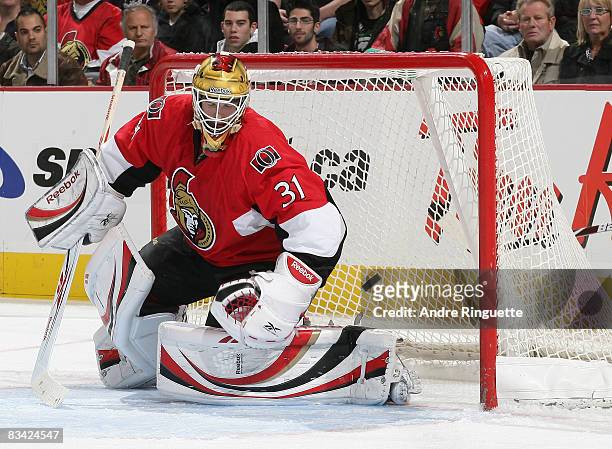 Alex Auld of the Ottawa Senators reacts after a second period goal by the Anaheim Ducks at Scotiabank Place on October 24, 2008 in Ottawa, Ontario,...