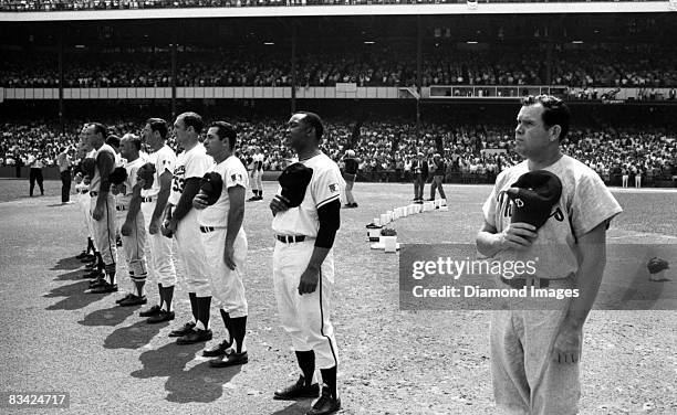 Former pitcher Robin Roberts of the Philadelphia Phillies, outfielder Monte Irvin of the New York Giants, outfielder Carl Furillo of the Brooklyn...