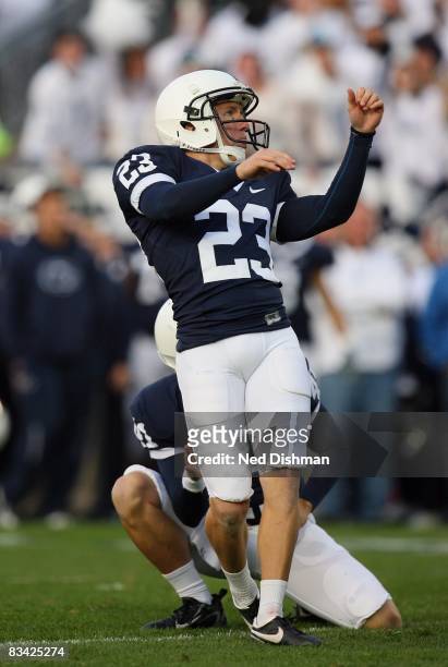 Place kicker Kevin Kelly of the Penn State Nittany Lions kicks a field goal against the University of Michigan Wolverines at Beaver Stadium on...