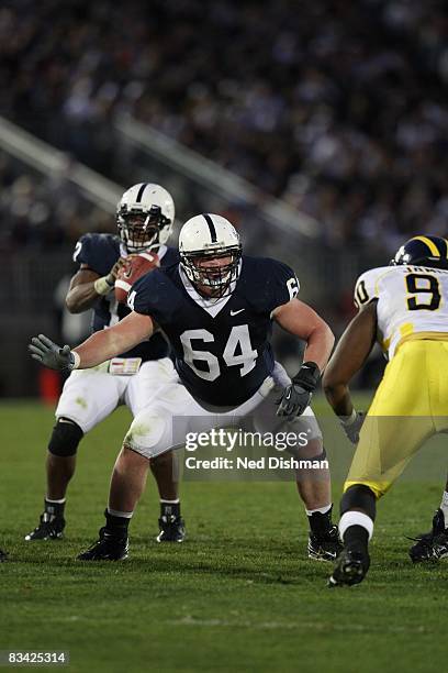 Offensive lineman Rich Ohrnberger of the Penn State Nittany Lions blocks against the University of Michigan Wolverines at Beaver Stadium on October...