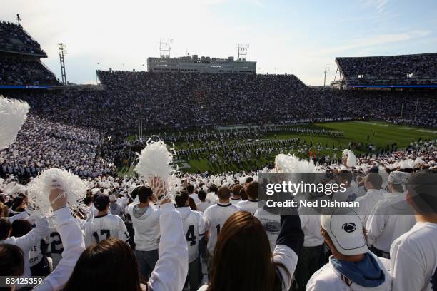 Fans in the student section cheer prior to the Penn State Nittany Lions against the University of Michigan Wolverines at Beaver Stadium on October...