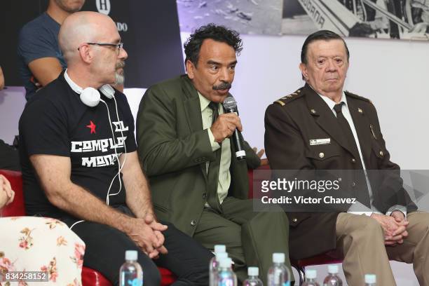 Film director Sebastian del Amo, Damian Alcazar and Xavier Lopez "Chabelo" attend a press conference and photocall to promote the film "El Complot...