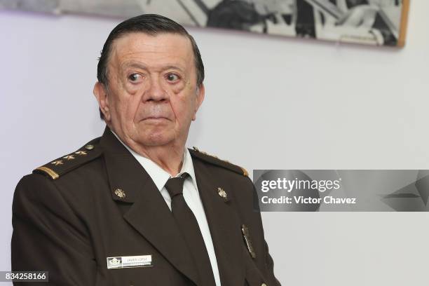 Actor Xavier Lopez "Chabelo" attends a press conference and photocall to promote the film "El Complot Mongol" at Club de Periodistas de Mexico on...