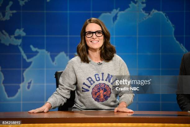 Episode 102 -- Pictured: Tina Fey at the Weekend Update desk on August 17, 2017 --