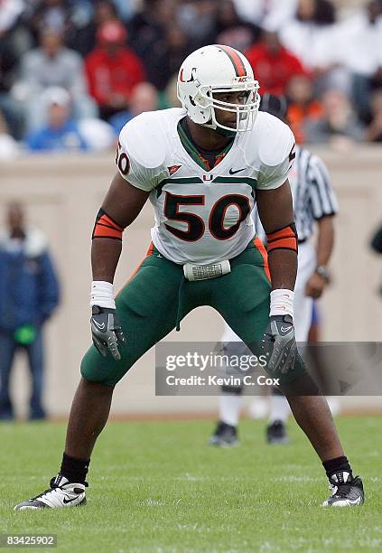 Darryl Sharpton of the Miami Hurricanes stands on the field during the game against the Duke Blue Devils at Wallace Wade Stadium on October 18, 2008...