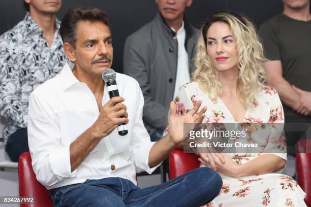 Eugenio Derbez and Barbara Mori attend a press conference and photocall to promote the film "El Complot Mongol" at Club de Periodistas de Mexico on...