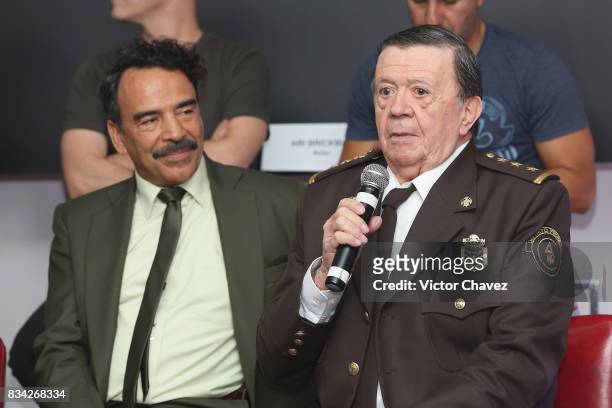Damian Alcazar and Xavier Lopez "Chabelo" attend a press conference and photocall to promote the film "El Complot Mongol" at Club de Periodistas de...