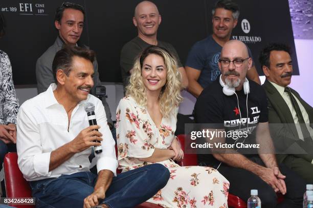 Eugenio Derbez, Barbara Mori and film director Sebastian del Amo attend a press conference and photocall to promote the film "El Complot Mongol" at...