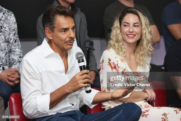 Eugenio Derbez and Barbara Mori attend a press conference and photocall to promote the film "El Complot Mongol" at Club de Periodistas de Mexico on...