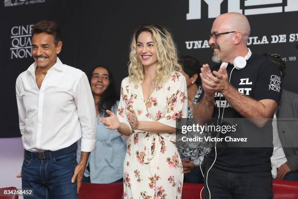 Eugenio Derbez, Barbara Mori and film director Sebastian del Amo attend a press conference and photocall to promote the film "El Complot Mongol" at...