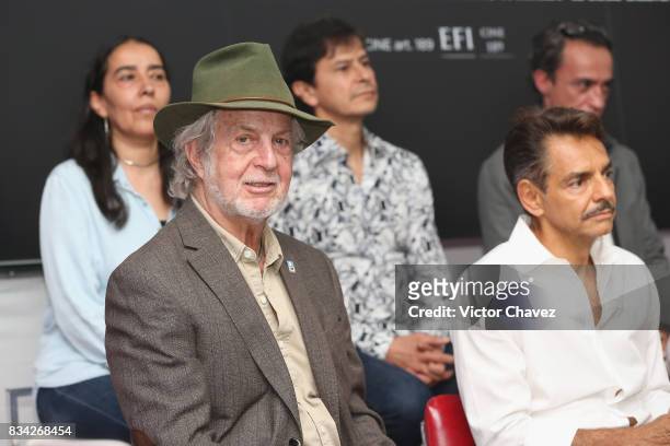 Hugo Stiglitz and Eugenio Derbez attend a press conference and photocall to promote the film "El Complot Mongol" at Club de Periodistas de Mexico on...