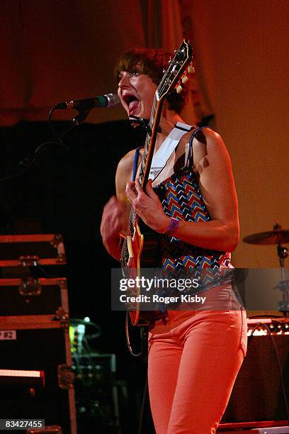 Singer/guitarist Elizabeth Powell of Land of Talk performs onstage at the CMJ Music Marathon at Brooklyn Masonic Temple on October 24, 2008 in New...