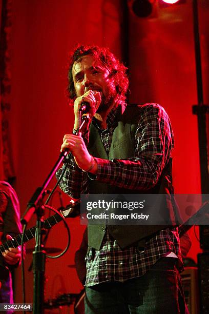 Singer/guitarist Kevin Drew of Broken Social Scene performs onstage at the CMJ Music Marathon at Brooklyn Masonic Temple on October 24, 2008 in New...