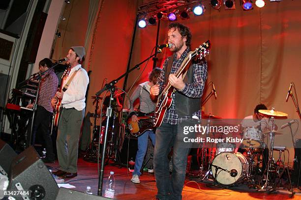 Singer/guitarist Kevin Drew of Broken Social Scene performs onstage at the CMJ Music Marathon at Brooklyn Masonic Temple on October 24, 2008 in New...