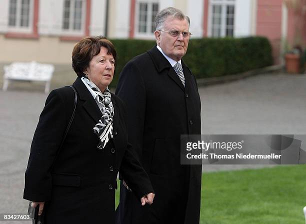 Former Baden-Wuerttemberg state premier Erwin Teufel and his wife Edeltraut are seen prior funeral service for countess Sonja Bernadotte at Mainau...