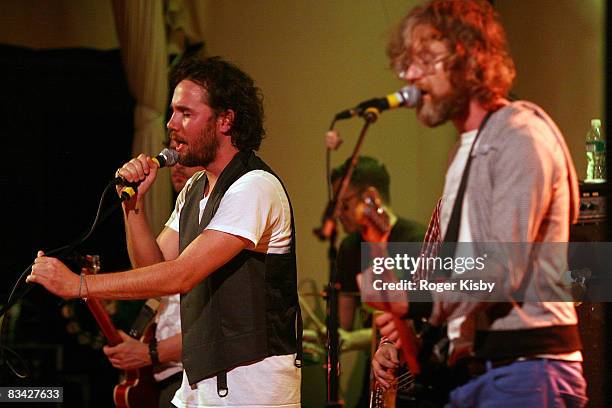 Kevin Drew and Brendan Canning of Broken Social Scene perform onstage at the CMJ Music Marathon at Brooklyn Masonic Temple on October 24, 2008 in New...