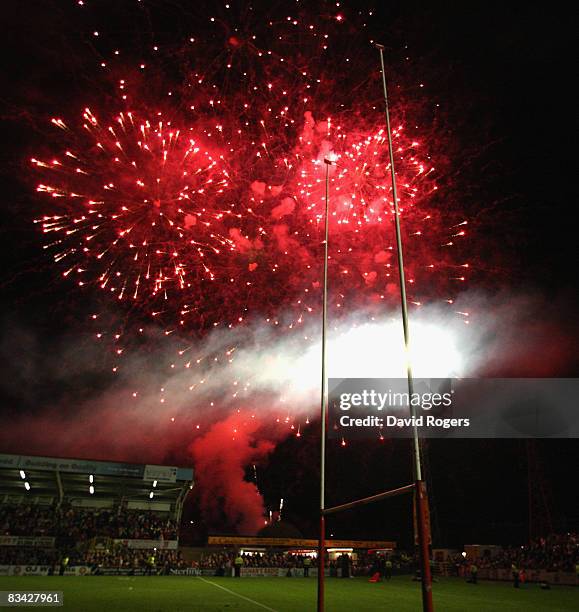 Fireworks illuminate the sky after at the final game at Stradey Park during the EDF Energy Cup match between Scarlets and Bristol at Stradey Park on...