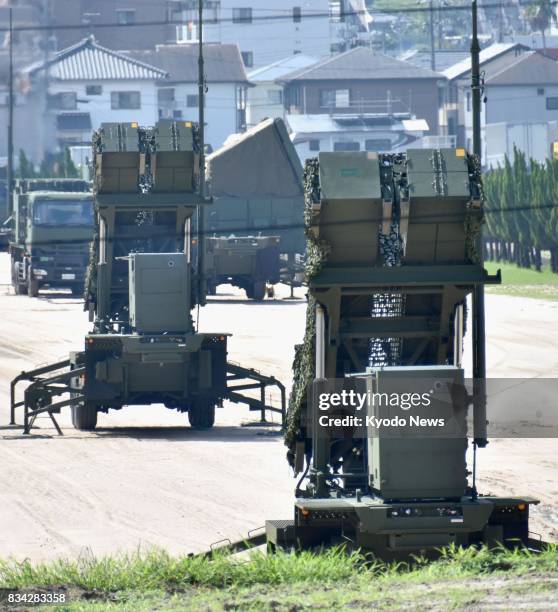 Patriot Advanced Capability-3 missile interceptors are deployed at the Ground Self-Defense Force's base in the city of Kaita on Aug. 18 during an...