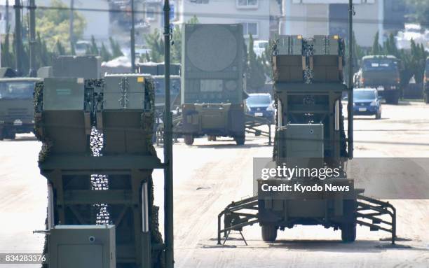 Patriot Advanced Capability-3 missile interceptors are deployed at the Ground Self-Defense Force's base in the city of Kaita on Aug. 18 during an...