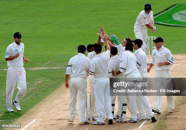 New Zealand's Tim Southee celebrates the wicket of England's Andrew Strauss during the 3rd Test at McLean Park, Napier, New Zealand.