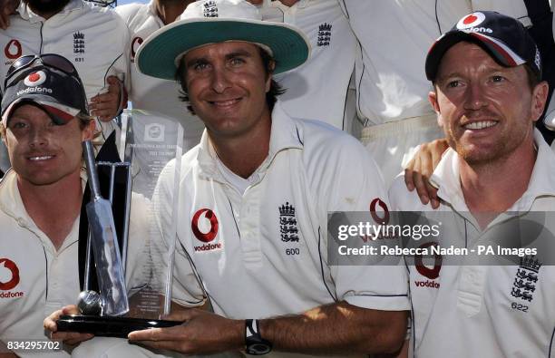 England captain Michael Vaughan with Ian Bell and Paul Collingwood after winning the 3rd Test and Series 2-1 against New Zealand at McLean Park,...