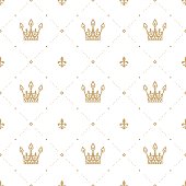 Seamless pattern in retro style with a gold crown on a white background. Can be used for wallpaper, pattern fills, web page background, surface textures. Vector Illustration.