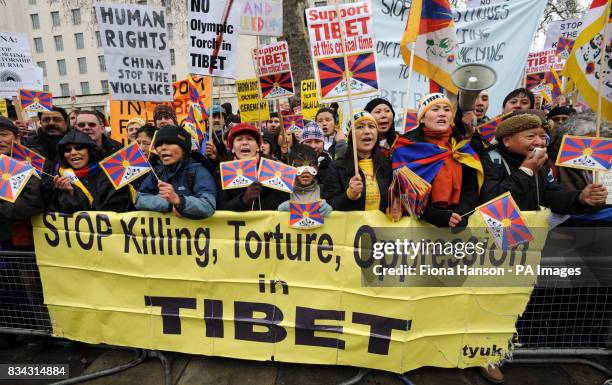 Protesters campaign for Tibetan independence from Chinese rule during the Olympic torch journey across London on its way to the lighting of the...