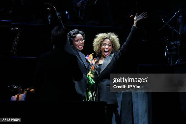 Brandy Norwood and Lana Gordon onstage for the curtain call of "Chicago" on Broadway at the Ambassador Theatre on August 17, 2017 in New York City.