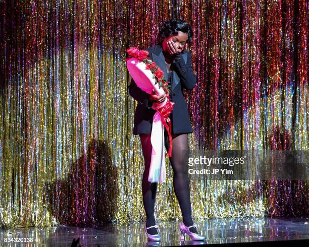 Brandy Norwood takes a bow after returning to play the role of Roxie Hart in Broadway's "Chicago" at the Ambassador Theatre on August 17, 2017 in New...