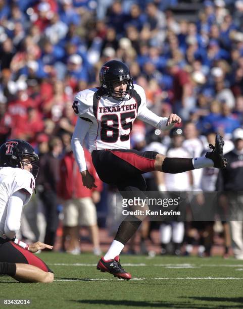 Matt Williams of the Texas Tech Red Raiders kicks a point after against the Kansas Jayhawks at Memorial Stadium on October 25, 2008 in Lawrence,...