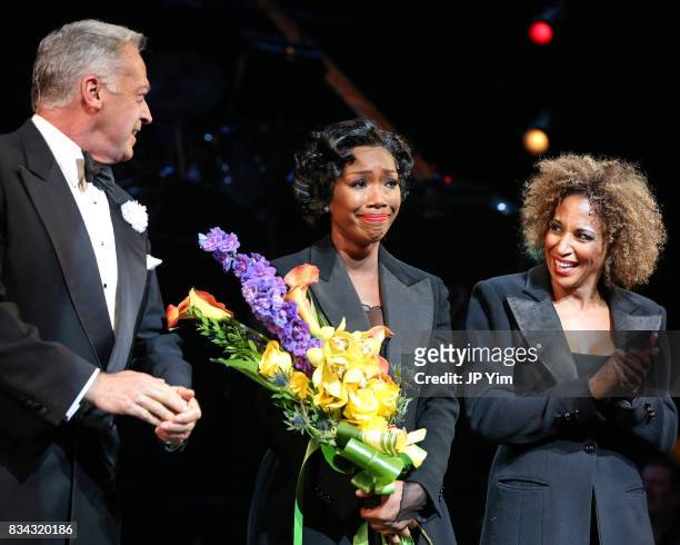 Tom Hewitt, Brandy Norwood and Lana Gordon onstage for the curtain call of "Chicago" on Broadway at the Ambassador Theatre on August 17, 2017 in New...