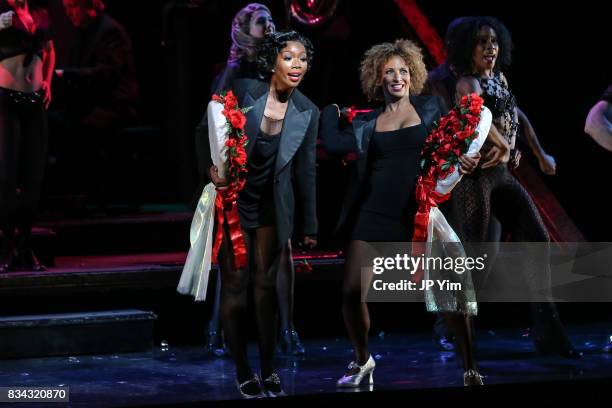 Brandy Norwood and Lana Gordon onstage for the curtain call of "Chicago" on Broadway at the Ambassador Theatre on August 17, 2017 in New York City.