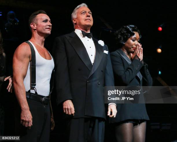 Tom Hewitt and Brandy Norwood onstage for the curtain call of "Chicago" on Broadway at the Ambassador Theatre on August 17, 2017 in New York City.