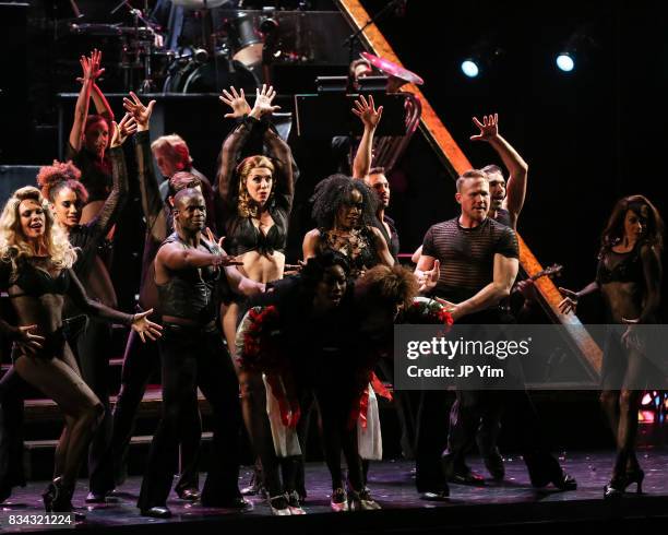 The cast of Broadway's "Chicago" onstage during the curtain call at the Ambassador Theatre on August 17, 2017 in New York City.