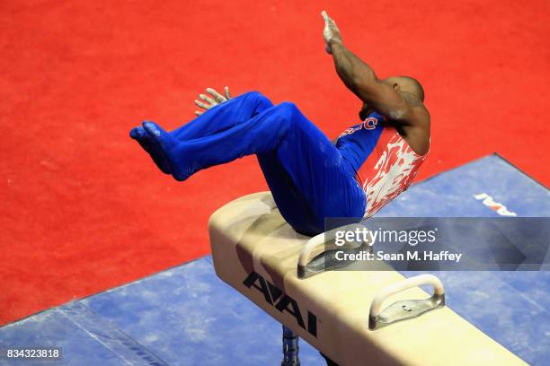 Donnell Whittenburg falls while competing on the Pommel Horse during the P&G Gymnastics Championships at Honda Center on August 17, 2017 in Anaheim,...