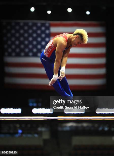 Donothan Bailey competes on the High Bar during the P&G Gymnastics Championships at Honda Center on August 17, 2017 in Anaheim, California.