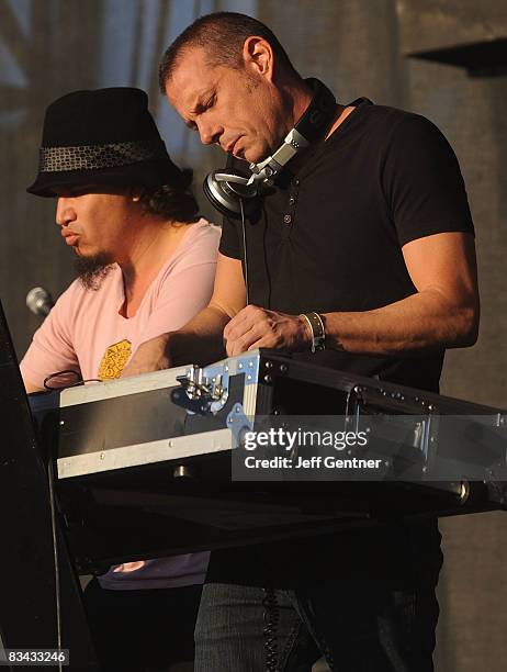 Rob Garza, and Eric Hilton of Thievery Corporation perform during the 2008 Voodoo Experience at City Park on October 25, 2008 in New Orleans,...