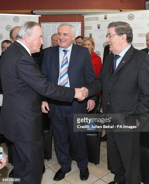 Albert Reynolds, Taoiseach Bertie Ahern and John Hume in BBC studios, Belfast, where politicians who negotiated The Good Friday Agreement ten years...