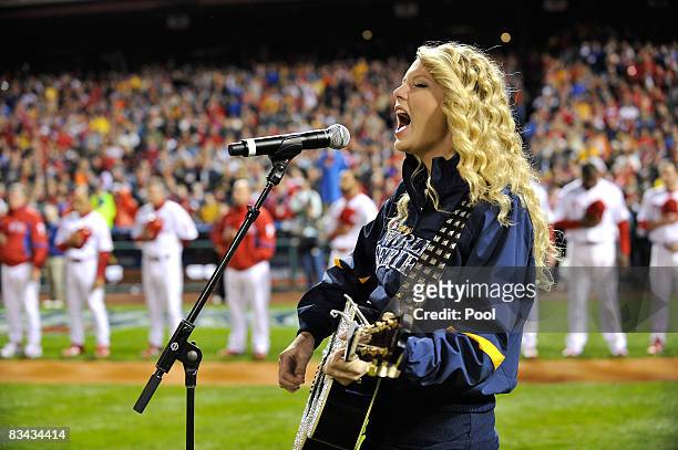 Taylor Swift performs the national anthem before the Philadelphia Phillies take on the Tampa Bay Rays in game three of the 2008 MLB World Series on...