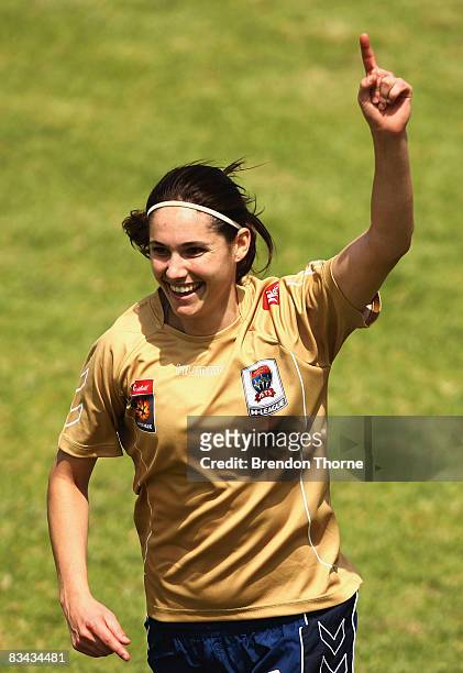 Katie Gill of the Jets celebrates after scoring against Canberra during the W-League round one match between the Newcastle Jets and Canberra United...