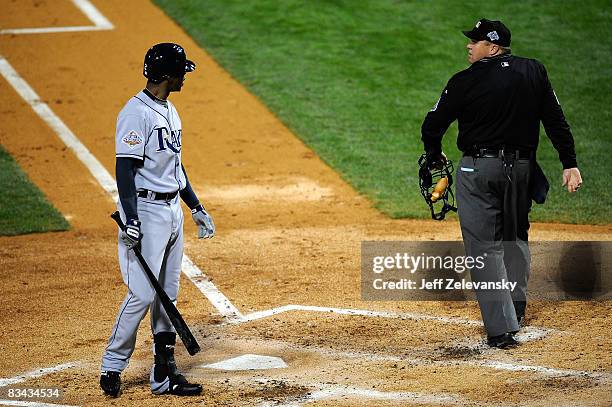 Upton of the Tampa Bay Rays argues a call with home plate umpire Fieldin Culbreth during game three of the 2008 MLB World Series against the...