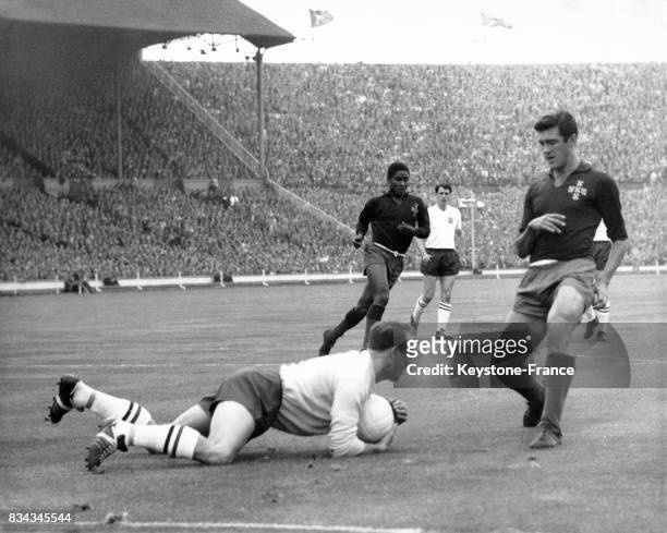 Match opposant l'Angleterre au Portugal, le gardien de but anglais, Ron Springett, arrête le ballon envoyé par l'attaquant centre portugais José...