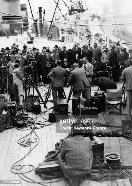 équipe australienne de cricket est filmée à son arrivée à Southampton, Royaume-Uni le 20 avril 1938.