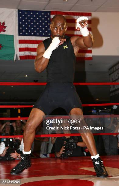 American boxer Bernard Hopkins shadow boxes during his open workout at the Planet Hollywood Hotel ahead of Saturday's bout against Joe Calzaghe in...